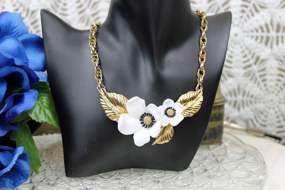 1980's Louis Fèraud Paris Goldtone Floral Bib Necklace